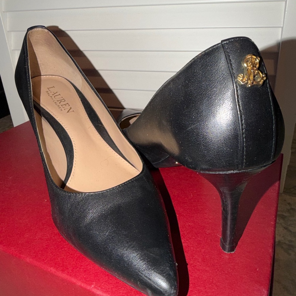 Lauren Ralph Lauren Black Leather Heels with Gold Accent